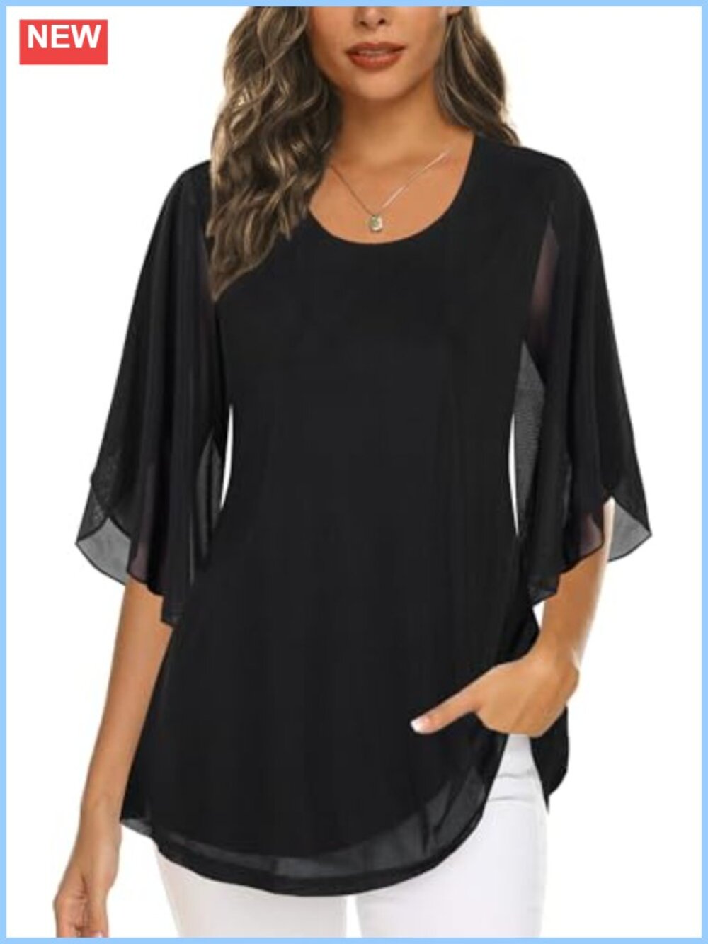 Women's 3/4 Sleeve Mesh Tunic Blouse Sheer Layered Dressy Top